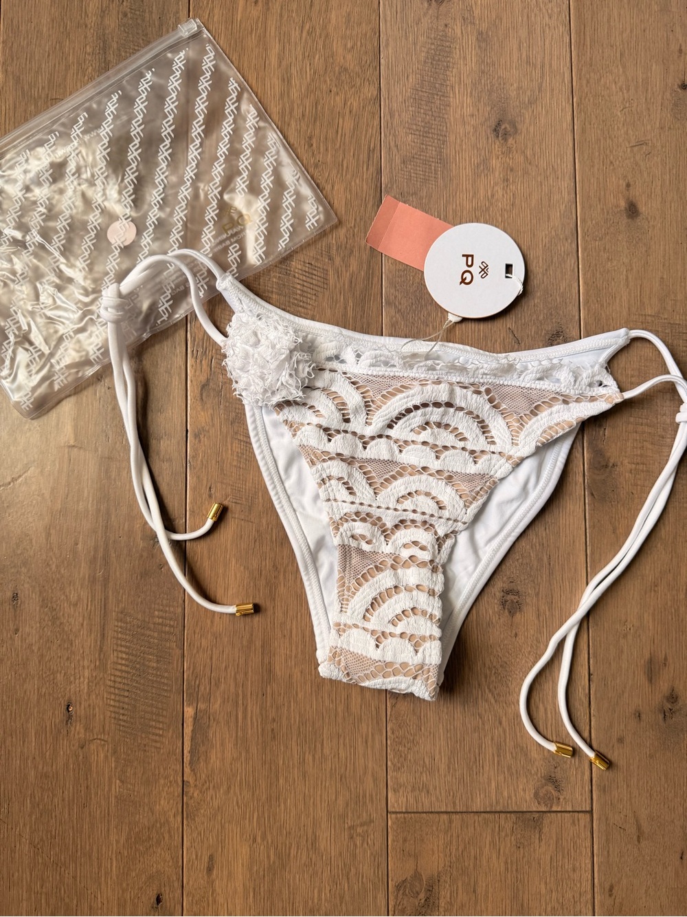 NWT - PQ Swim Water Lily Rosette Lace Tie Teeny Bikini Bottom, Medium